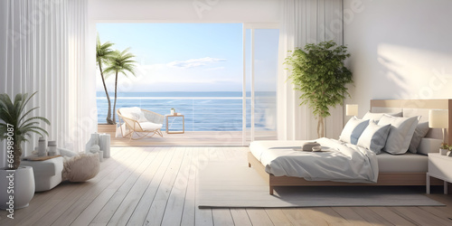 White bedroom on wooden flooring is sitting next to a wicker furniture generative ai © tanjidvect