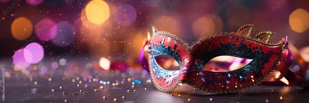 Elegant carnival mask illuminated by shimmering bokeh lights