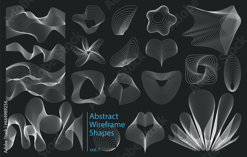 Abstract wireframe element set. Modern wavy shapes, flowing surface. Wave line design elements vector set in trendy retro cyberpunk 80s 90s style. Y2k aesthetic. 