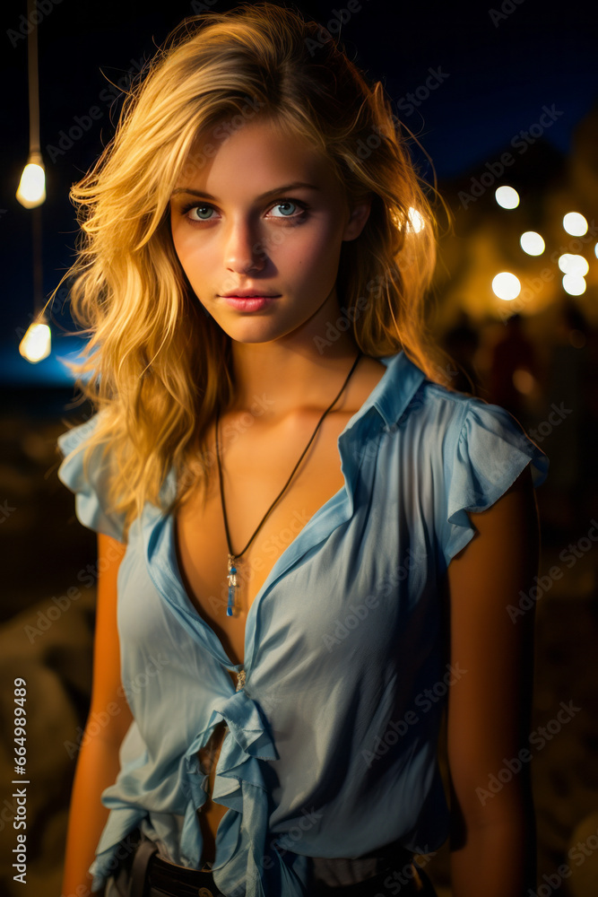 Young blonde woman standing alone on beach at night. Young blonde woman standing alone on beach at night.
