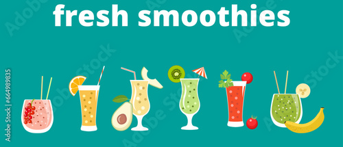 Colored vector icons of a variety of vitamin smoothie cocktails.