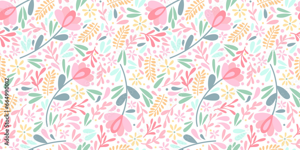 Cute ditsy floral vector pattern background for the spring with scattered flowers and leaves, colorful modern wallpaper