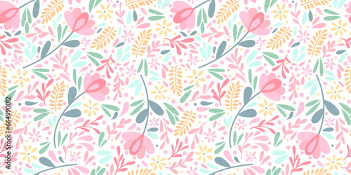 Cute ditsy floral vector pattern background for the spring with scattered flowers and leaves, colorful modern wallpaper