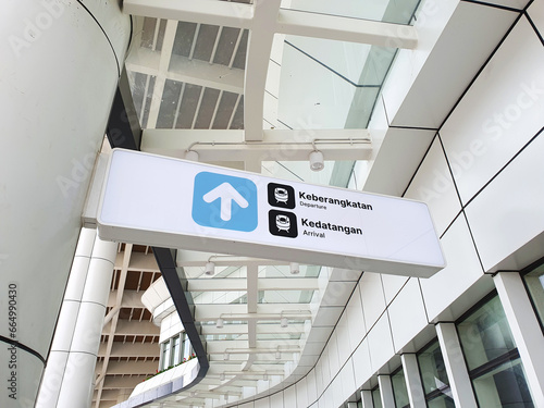 Outdoor signage of Departure and Arrival at Tegalluar high speed railway station, Bandung, Indonesia
 photo