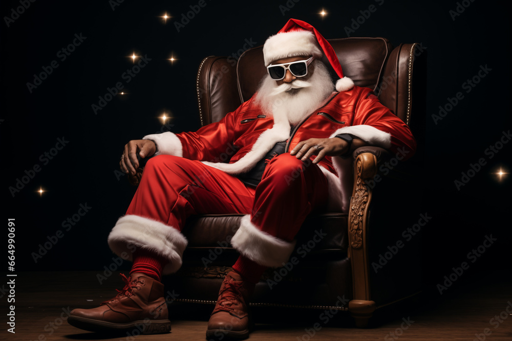 Nightclub invite on christmas party celebration funky crazy santa claus dj in white headset sing song sound melody listen music dance wear stylish x-mas Nightclub invite on christmas party celebration funky crazy santa claus dj in white headset sing song sound melody listen music dance wear stylish x-mas