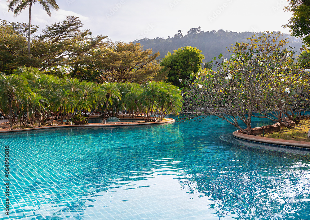 Swimming pool with clear turquoise water among a beautiful garden with frangipani trees in the setting sun in Phuket, Thailand