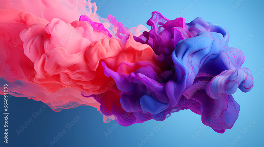 A pink and purple substance is in the air with a blue background and a red and pink substance is in the air