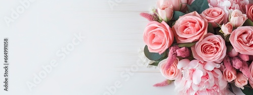 Fresh bunch of pink peonies and roses with copy space. © MdMohammod