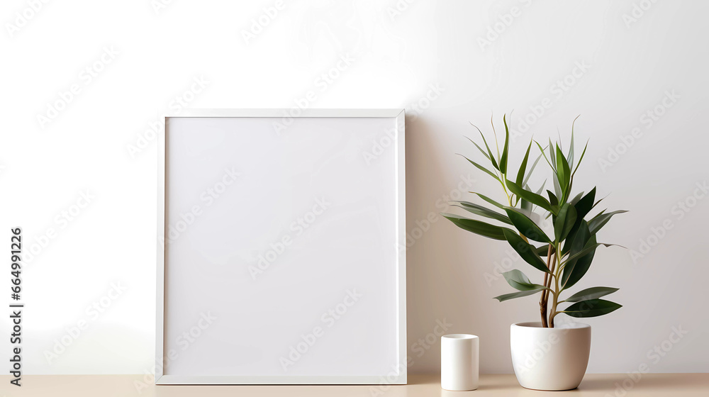 A white frame sitting next to a potted plant on a table next to a white wall with a white background A white frame sitting next to a potted plant on a table next to a white wall with a white background