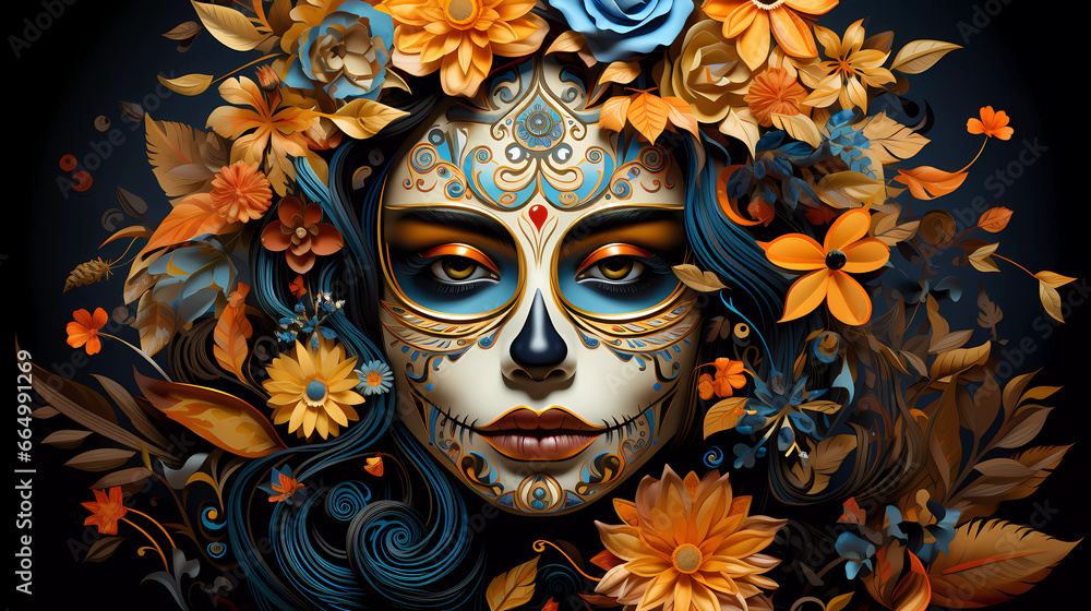 A woman with a skull face painted in orange and blue flowers and leaves