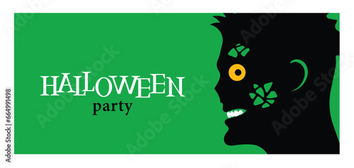 Halloween party banner. Simple bright illustration with a cute zombie. A black silhouette on green background. Horizontal orientation. Vector illustration in minimalist style. October party concept