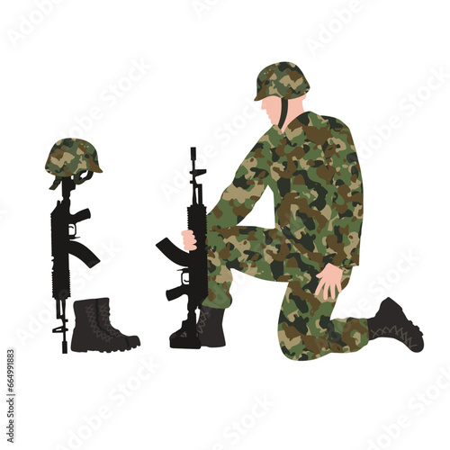 Sad soldiers troop, Army soldier in sorrow for fallen comrade, standing on knee, leaning on rifle, look at Helmet Gun and Rifle in Combat Boots	