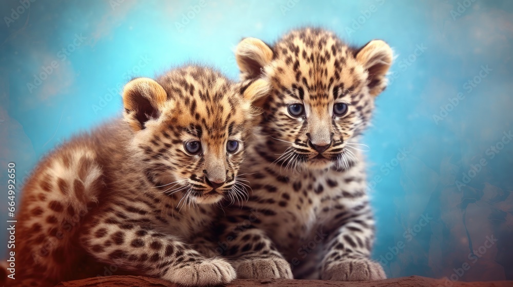 Fototapeta premium Two baby leopards realistic illustration. Cute jaguars print for clothing, fabric, stationery, banner, background. Beautiful baby leopards, wild kittens. Cute kittens painting. Generative ai.