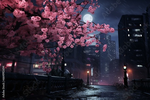 Nighttime cherry blossoms in the city. Generative AI