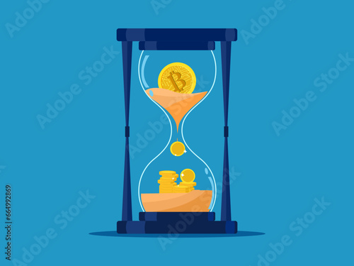 Cryptocurrency exchange. Digital coins in an hourglass. Vector