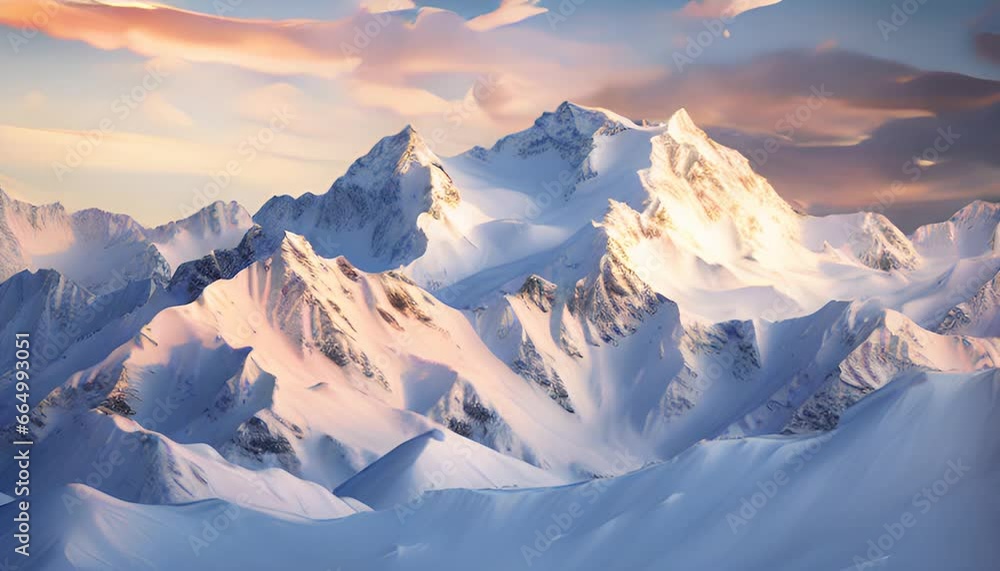 Snow-covered mountain peaks illuminated by the pink rays of the setting sun. Snow-covered mountain peaks illuminated by the pink rays of the setting sun.
