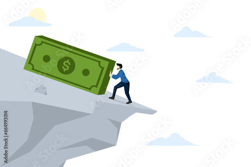 The Dollar Push concept prevents price crashes, fluctuations, currency crises or panic selling. Entrepreneurial investors are pushing the Dollar to keep it from falling. vector illustration about flat