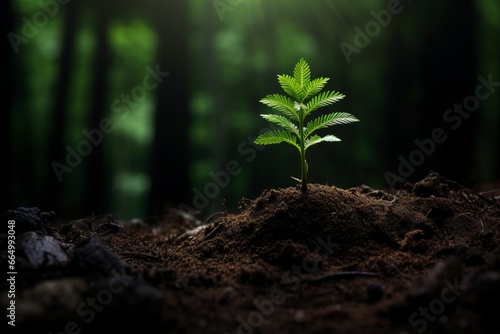 a close-up macro photo of a young green tree plant sprout or fern growing up from the black soil in the forest. Growth new life concept.