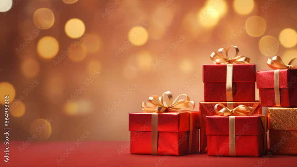 Christmas card with beautifully decorated gifts and bokeh on background. AI generated Christmas card with beautifully decorated gifts and bokeh on background. AI generated
