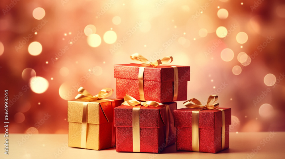 Christmas card with beautifully decorated gifts and bokeh on background. AI generated Christmas card with beautifully decorated gifts and bokeh on background. AI generated