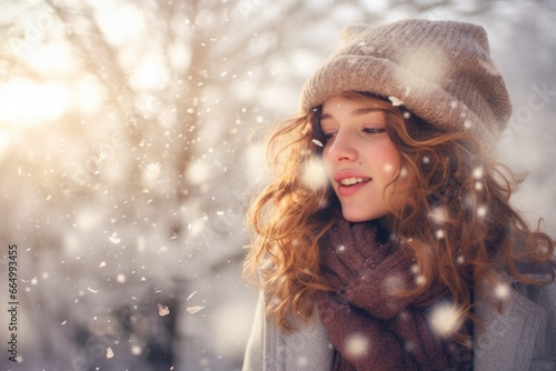 Smiling girl in frosty snowy winter park. Sunny day with flying snowflakes. Joyful beauty young woman having fun. happy teenage girl in the snow