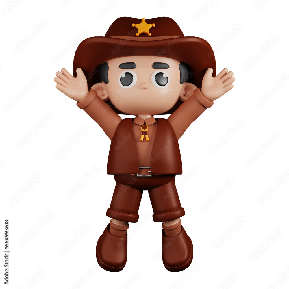 3d Character Sheriff Jumping Celebration Pose. 3d render isolated on transparent backdrop. 3d Character Sheriff Jumping Celebration Pose. 3d render isolated on transparent backdrop.