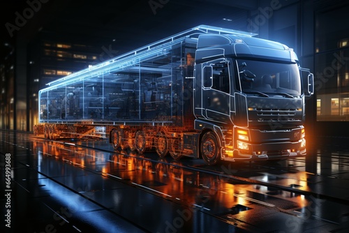 3d rendering of a blue truck in warehouse with reflection on floor. Truck on the background of the night city. Modern truck with a trailer. Transportation and logistics concept. Logistics technology.