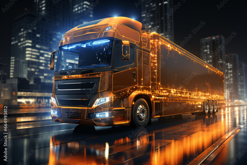 3d rendering of a blue truck in warehouse with reflection on floor. Truck on the background of the night city. Modern truck with a trailer. Transportation and logistics concept. Logistics technology. 3d rendering of a blue truck in warehouse with reflection on floor. Truck on the background of the night city. Modern truck with a trailer. Transportation and logistics concept. Logistics technology.