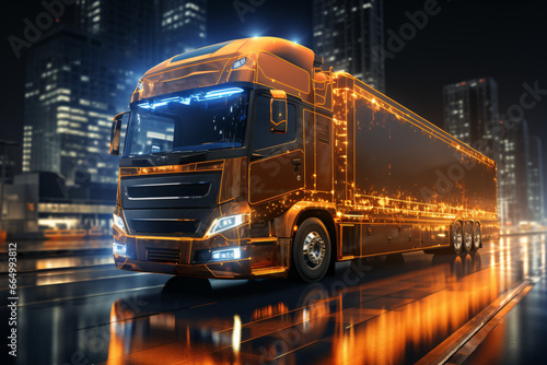 3d rendering of a blue truck in warehouse with reflection on floor. Truck on the background of the night city. Modern truck with a trailer. Transportation and logistics concept. Logistics technology.
