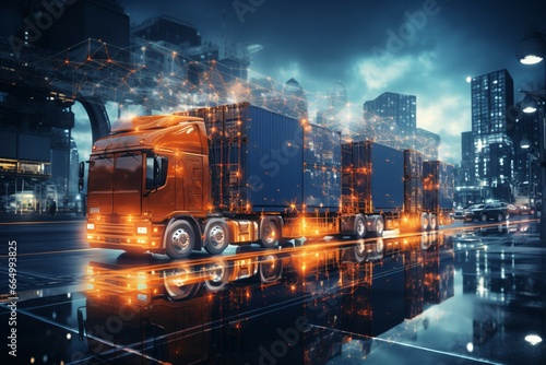 3d rendering of a blue truck in warehouse with reflection on floor. Truck on the background of the night city. Modern truck with a trailer. Transportation and logistics concept. Logistics technology.