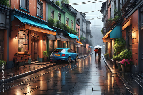 street on a rainy day.Generative AI