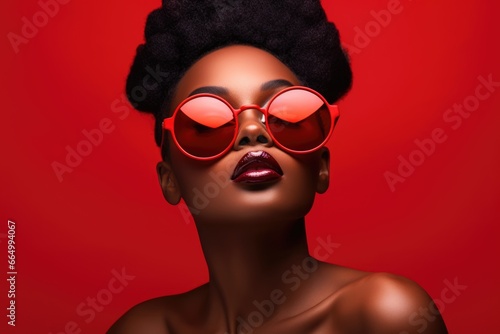 Closeup portrait of a glamorous woman with natural fashion makeup on red background. African female model with brunette curly hair wearing funky sunglasses photo