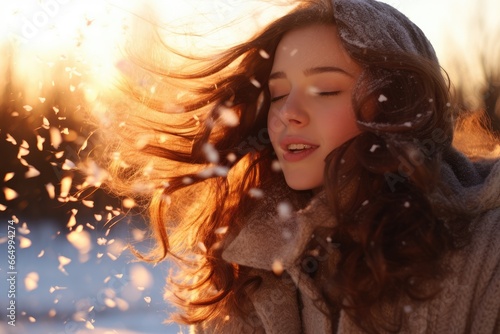 Smiling girl in frosty snowy winter park. Sunny day with flying snowflakes. Joyful beauty young woman having fun. happy teenage girl in the snow