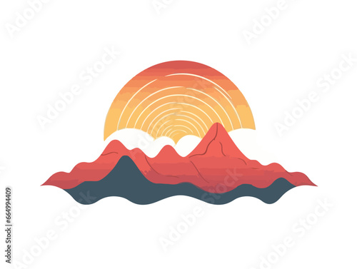 Doodle Sunrise over mountains, cartoon sticker, sketch, vector, Illustration, minimalistic