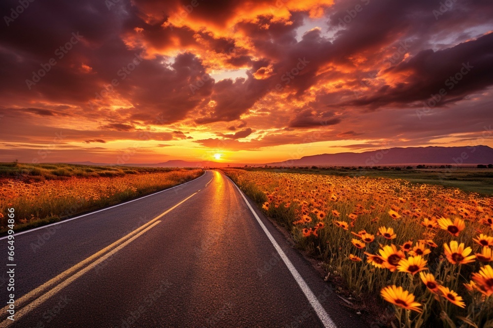 Scenic road with sunflowers amidst a picturesque sunset and dramatic clouds. Generative AI