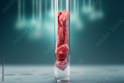 Lab-grown, clean cultured meat in test tube. Vegan, plant-based meat concept produced from animal somatic cells. Generative AI