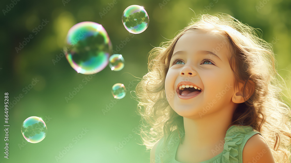Close-up of a cheerful happy child blowing soap bubbles on a flat color background with copy space. Kindergarten and children activities banner template. Close-up of a cheerful happy child blowing soap bubbles on a flat color background with copy space. Kindergarten and children activities banner template.