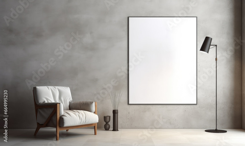 Floor lamp and posters over concrete wall 3d rendering.