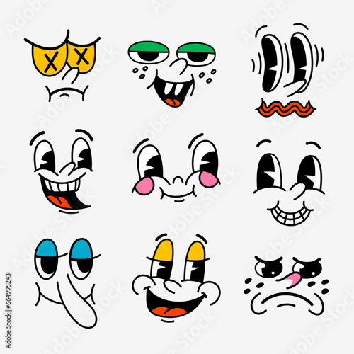 Retro cartoon characters funny faces. Groovy vintage 30s 60s 70s smiley mascots with various emotions