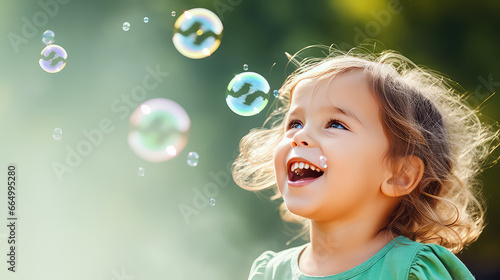 Close-up of a cheerful happy child blowing soap bubbles on a flat color background with copy space. Kindergarten and children activities banner template.