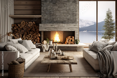 Scandinavian home interior design of modern living room. Large fireplace, cosy seating area. Minimalist. © Scott