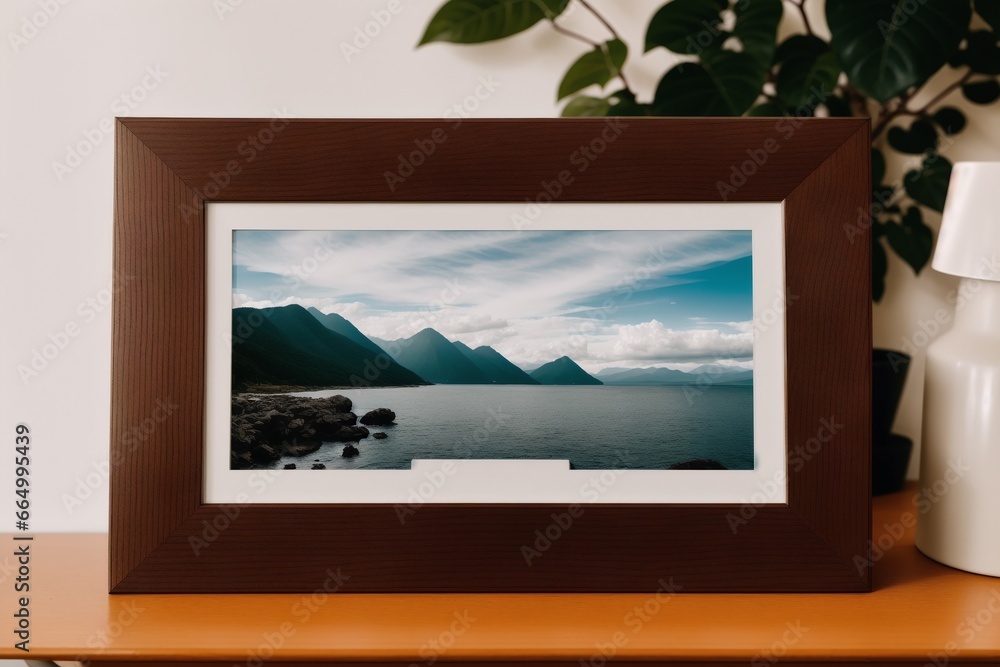 Fototapeta premium Photo frame on the wooden table. Blank wooden photo frame. Mock up. Generative AI