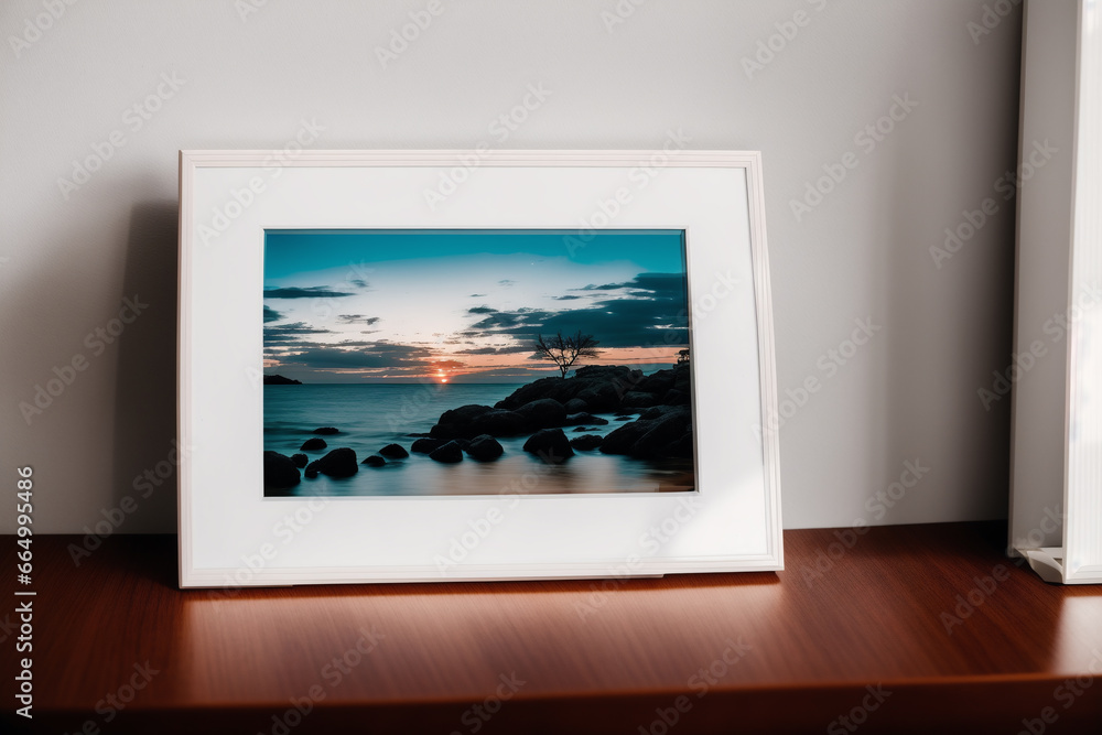 Fototapeta premium Photo frame on the wooden table. Blank wooden photo frame. Mock up. Generative AI