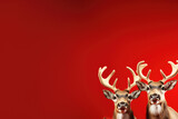 Reindeers in santa hat on red studio background, chrismas banner holiday