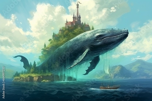 A blend of a massive blue whale and a picturesque island in the vast ocean. Generative AI