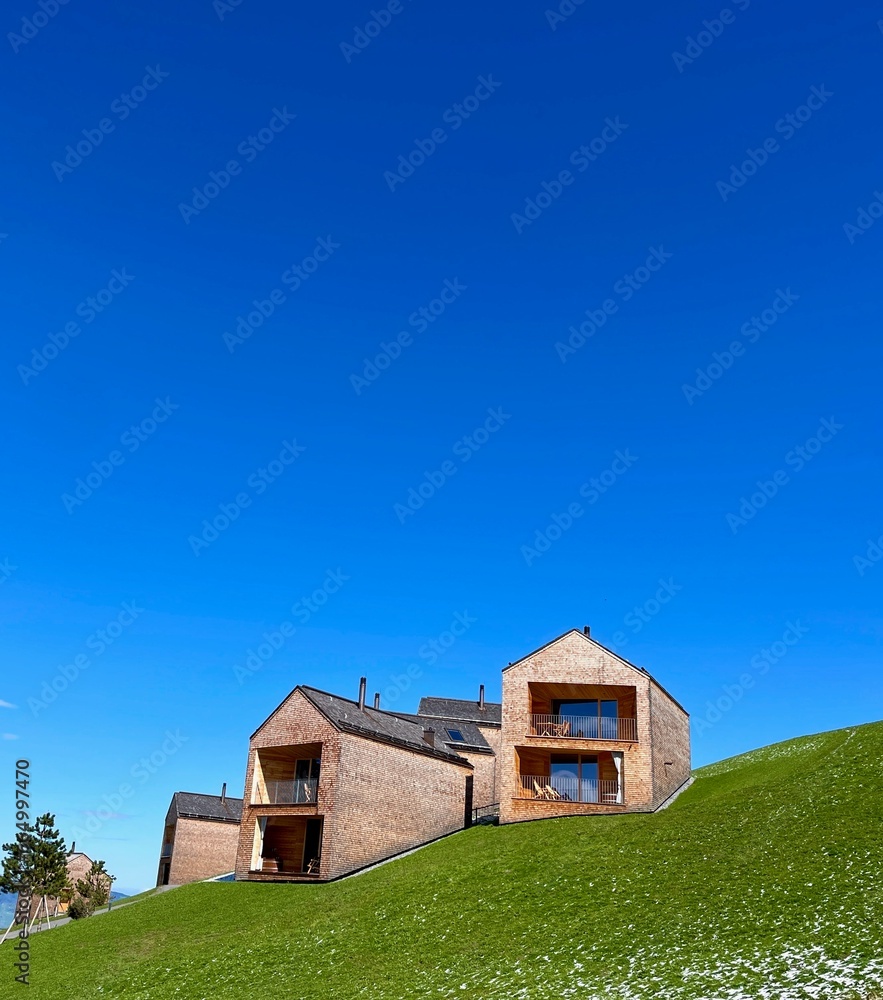 Panoramic view of modern alpine architecture, Vorarlberg, Austria.