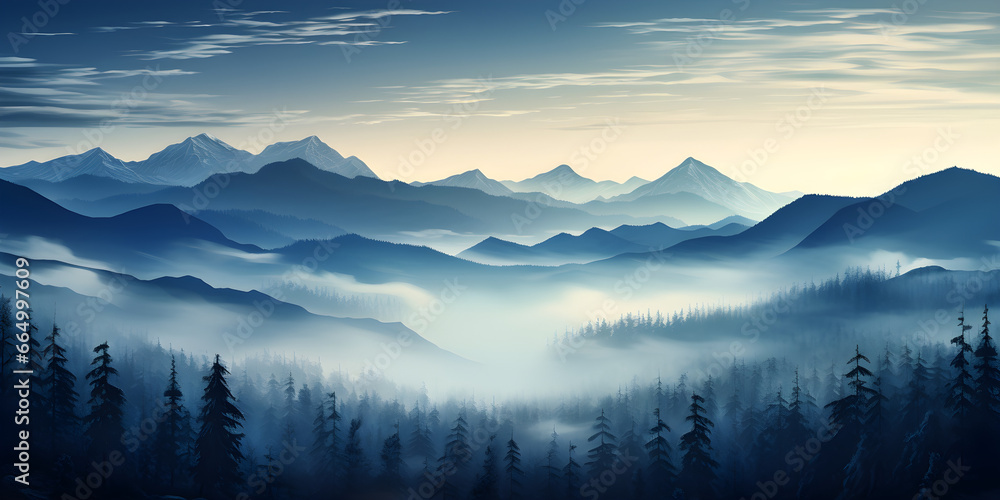 Mystic morning mist, panoramic view of mountains and pine forest obscurity