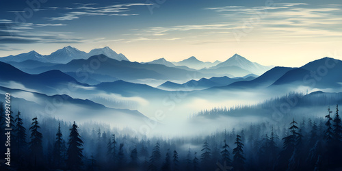 Mystic morning mist, panoramic view of mountains and pine forest obscurity
