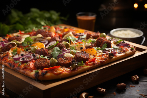 A mockup of a takeaway pizza box with mouthwatering pizza imagery against a rustic wooden table photo