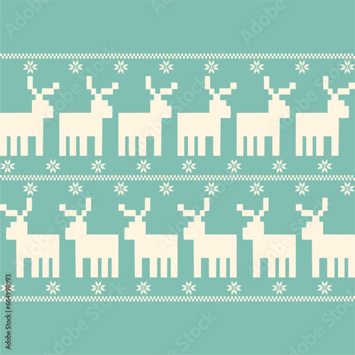 Christmas and New Year seamless pattern. Fair Isle flat knitting pattern in blue and white with Scandinavian snowflakes and reindeer for winter hat, sweater, jumper, paper or other designs.